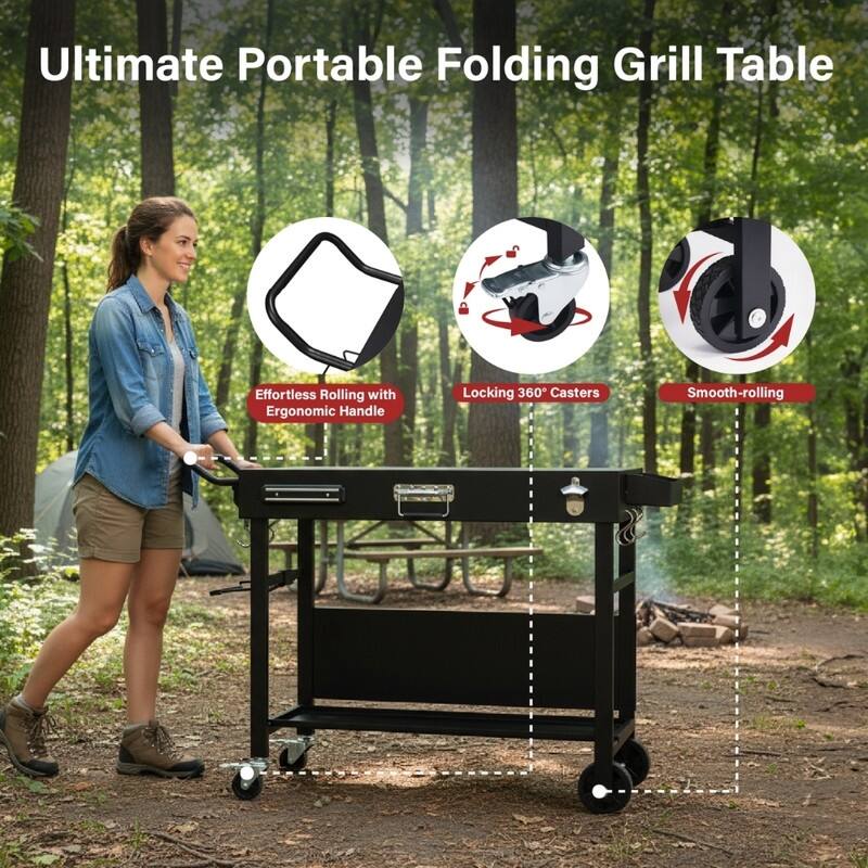 Portable 4-Wheel Collapsible BBQ Prep Table Black Outdoor Grill Station - N/A