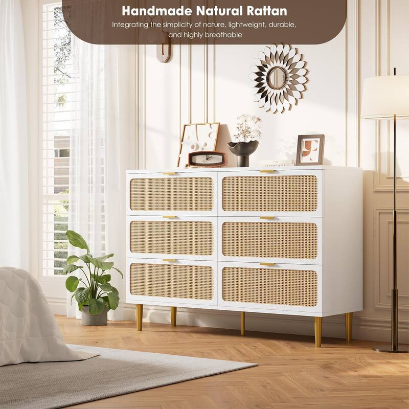 Rattan 6 Drawer Dresser for Bedroom, Large Double Dresser with Deep Drawers
