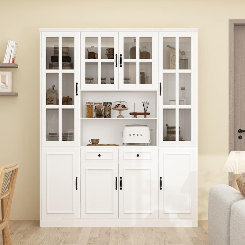 78.7"H Combo Buffet Sideboard White Curio Bookcase Cabinet Glass Door - 63"W