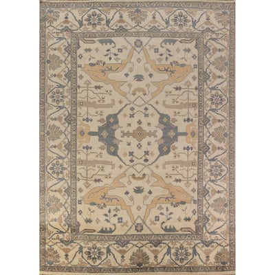 All-Over Ivory Oushak Area Rug Hand-Knotted Wool Carpet - 9'0"x 11'10"
