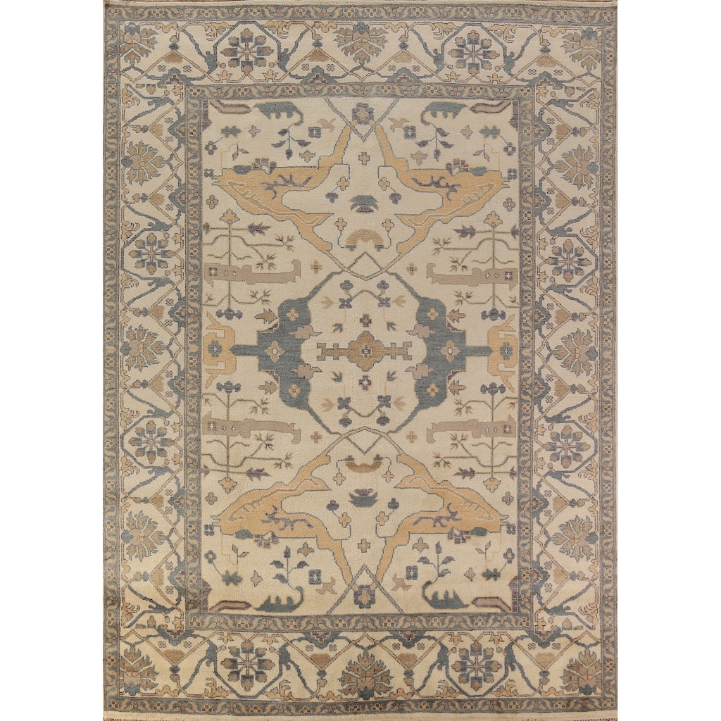 All-Over Ivory Oushak Area Rug Hand-Knotted Wool Carpet - 9'0"x 11'10"