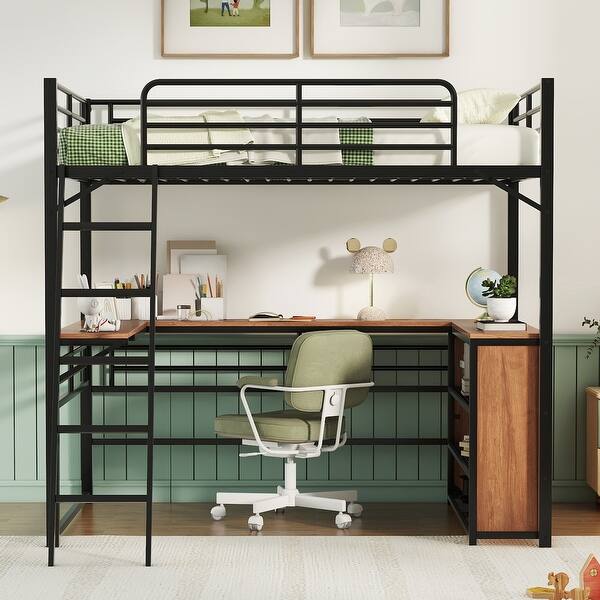 slide 2 of 43, Metal Loft Bed with Under Bed L-shaped Desk and 3 Storage Shelves, Movable Ladder High Loft Bed