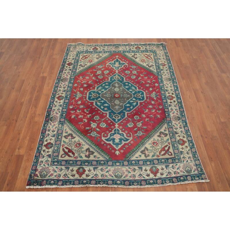 Hand Knotted Oriental 100% Wool Carpet Traditional Floral Pink Tabriz Area Rug - 6' 3'' X 4' 7''