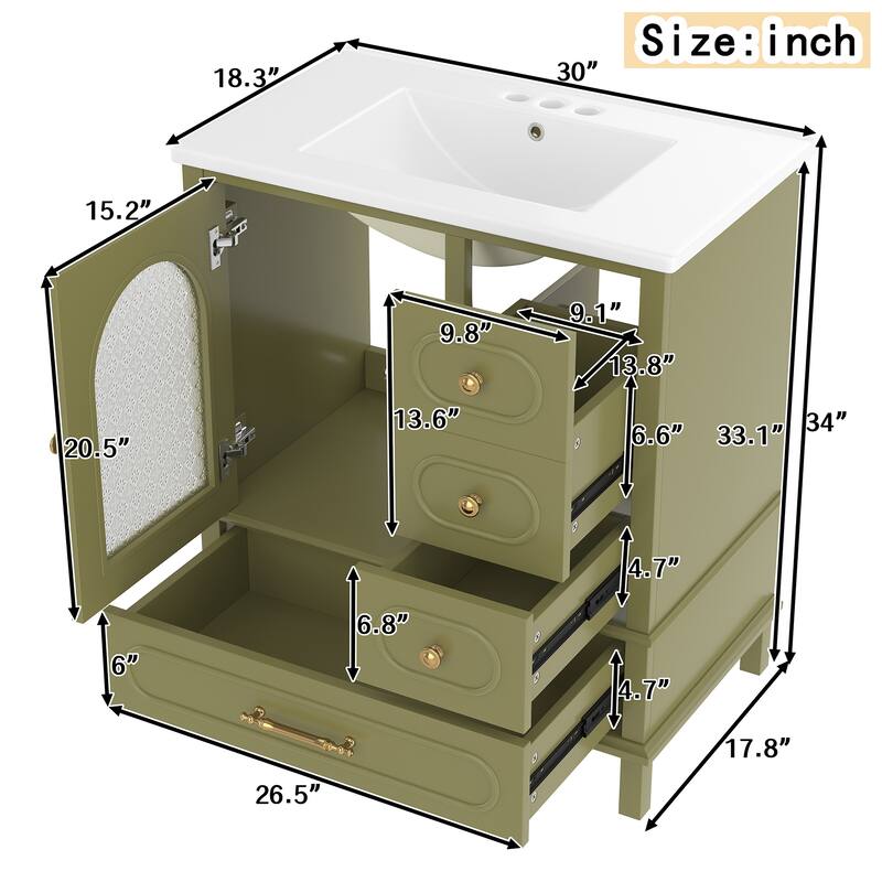 Roomfitters 30 Inch Bathroom Vanity with Sink, Solid Wood Cabinet with 3 Drawers and Semi-Transparent Door