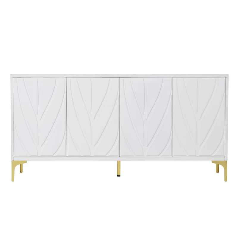 Modern Carved Sideboard Buffet Cabinet with Handleless Push-Open Design, for Living Room, Bedroom and Dining Room, White