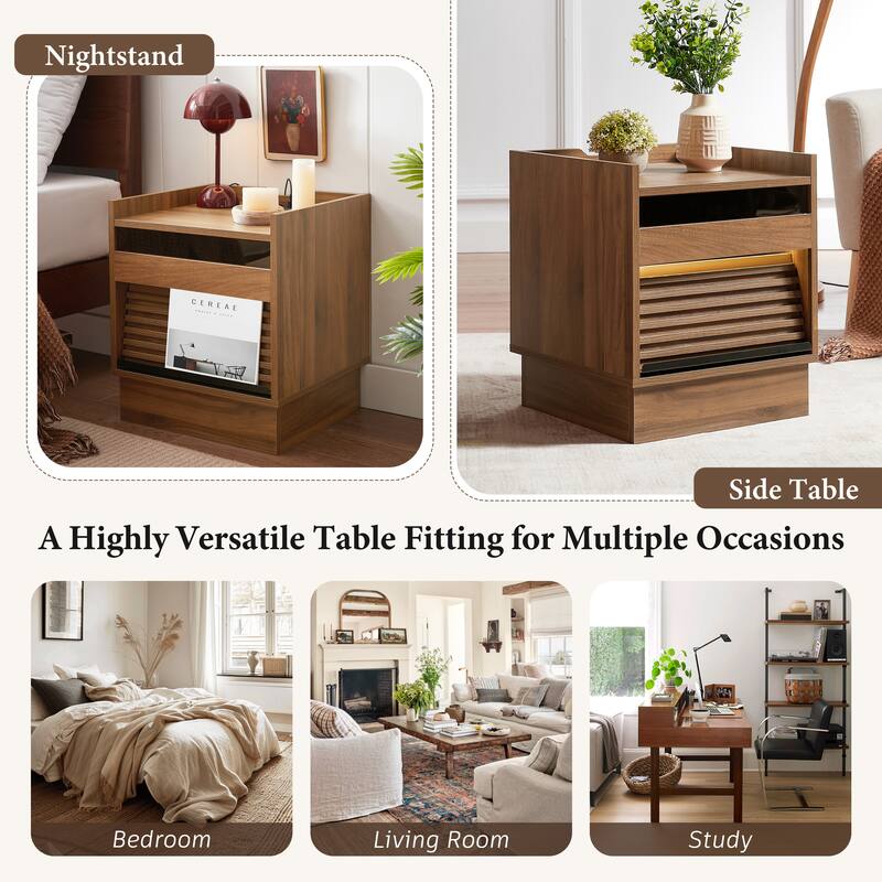 LED Nightstand with Charging Station, Sofa Side Table with 2 Drawers & Extended Bookshelf, Multi-functiona Entryway Table