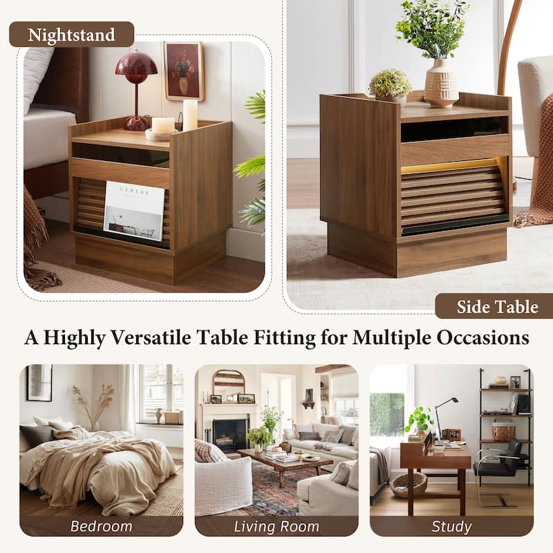 Mid Century Modern Nightstand with Charging Station and LED lights, Night Stand with 2 Drawers, Bedside Tables/End Table