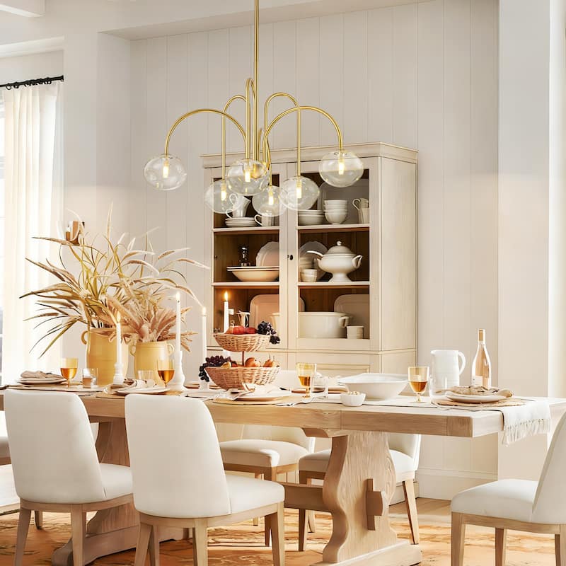 6-Light Modern Brass Chandelier with Clear Glass Globes - Contemporary Ceiling Light for Living Room - 6 Light