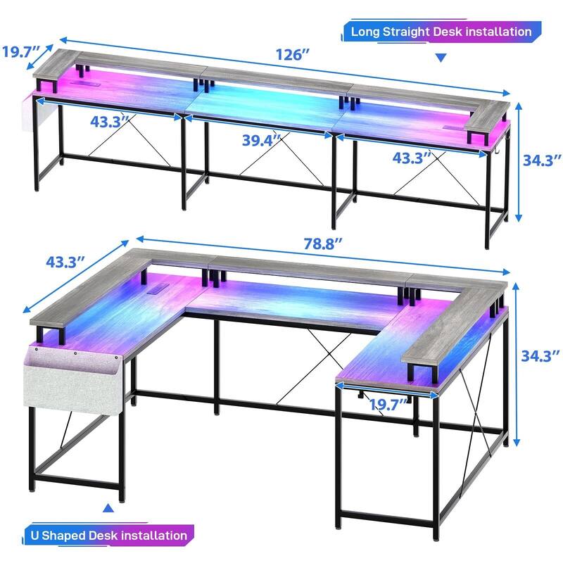 U Shaped Desk, 126 Inch Gaming Desk with Monitor Stand and LED Lights