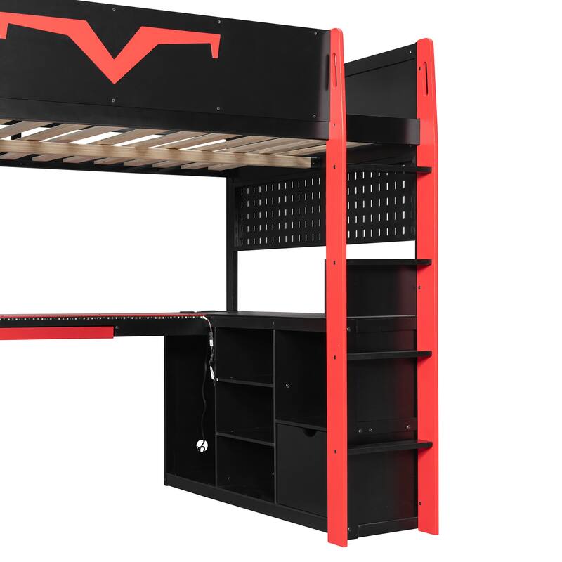 Full Size Gaming Loft Bed with Desk & RGB LED Lights, Pro-Gamer Setup with Pegboard, Keyboard Tray & Storage