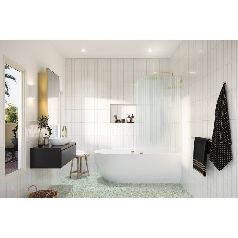 Aurora 58.25 in. x 30 in. Frameless Bath Shower Door - Single Fixed Panel Fluted Frosted Radius Right Hand