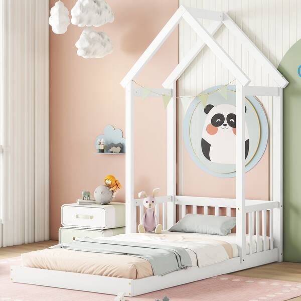 slide 2 of 11, Twin House-Style Roof Headboard Floor Bed with Semi-Fence Design for Imaginative and Safe Sleep White