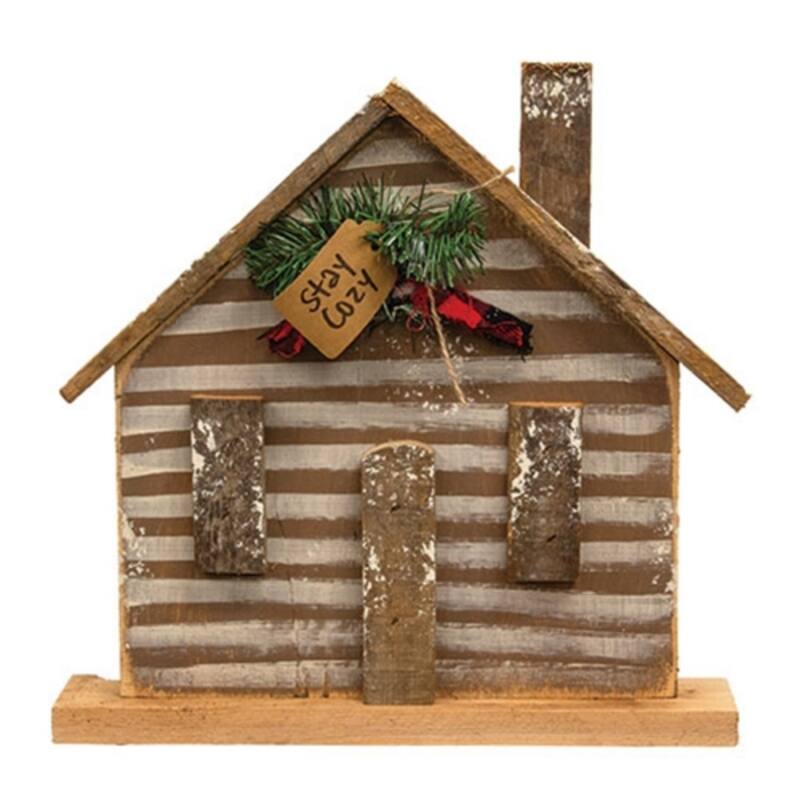 Rustic Wood Stay Cozy Cabin with Greenery and Plaid Bow - 13.5" x 13.75" x 2.75" - Brown