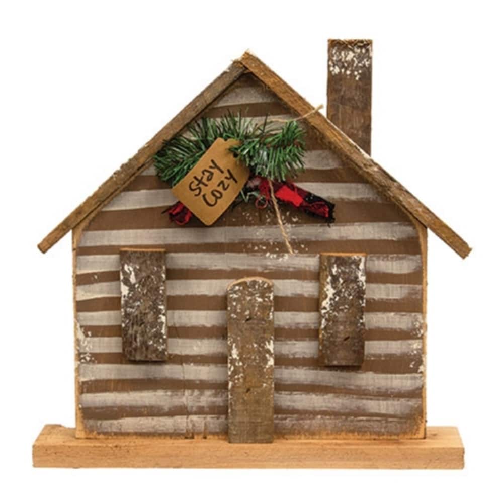 Rustic Wood Stay Cozy Cabin with Greenery and Plaid Bow - 13.5" x 13.75" x 2.75"