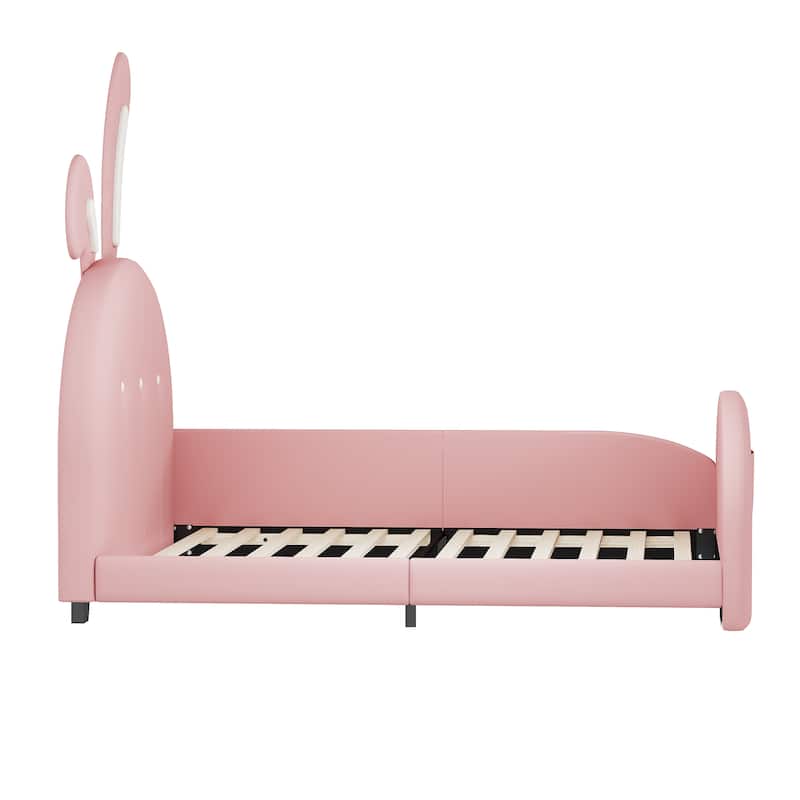 Cute Rabbit Design Twin Size Platform Bed with Upholstered Headboard & Footboard聽