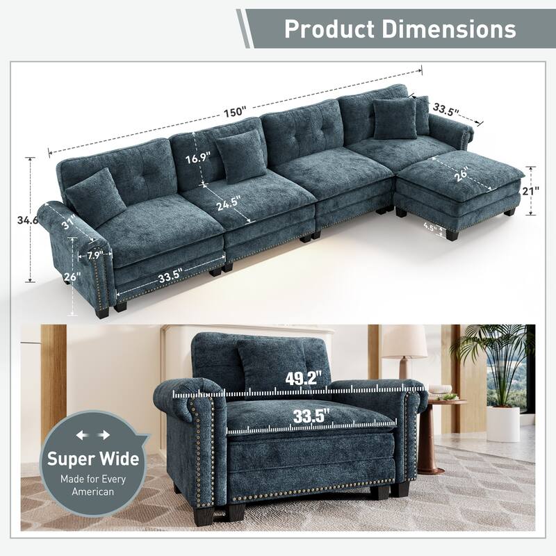 MAISON ARTS Mid-Century Modern Oversized L/U Shaped Cloud Couch with Ottoman, Deep Seat Sectional Sofa with Throw Pillows