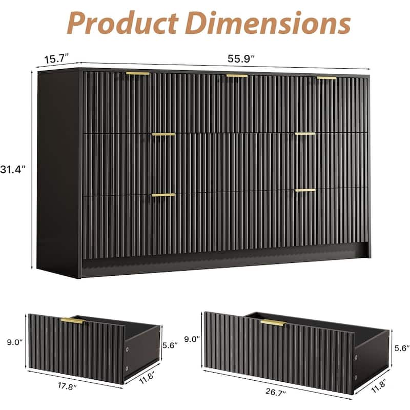 7 Drawer Dresser Fluted Wood Clothes Storage Cabinet, Modern Wide Dresser for Bedroom