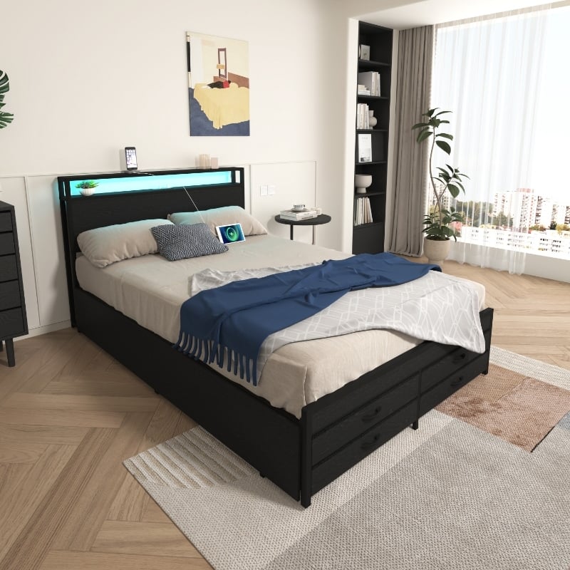 Black Platform Bed Metal Slat Support Frame with 8 Drawers, LED Headboard and Charging Station, No Box Spring Needed Storage Bed - Black - Queen