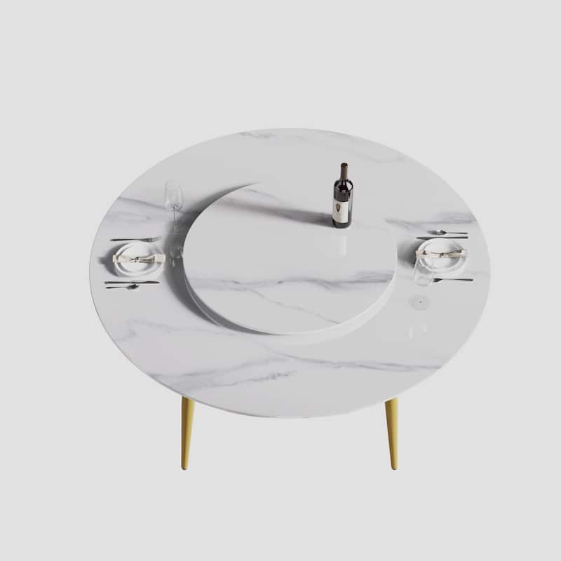 59" White Marble Round Dining Table with Lazy Susan