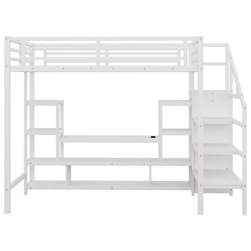 Full Size Metal Loft Bed with TV Cabinet, Staircase, Wardrobe, and LED Light Strip, White
