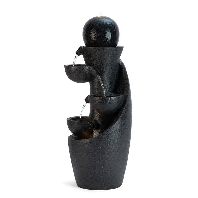 Glitzhome 33.5"H Modern 5-Tier Bowl and Sphere Polyresin Outdoor Fountain with Pump and LED Light