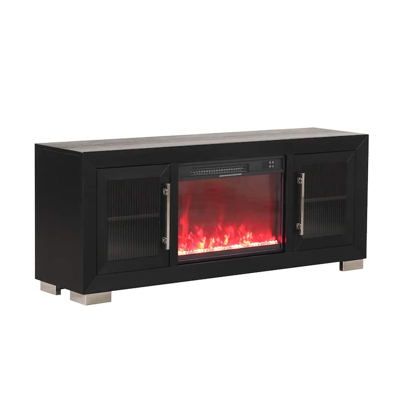 Furniture of America Alaric Modern Black Solid Wood 2-Piece Queen Bedroom Set with 60-inch Fireplace TV Stand