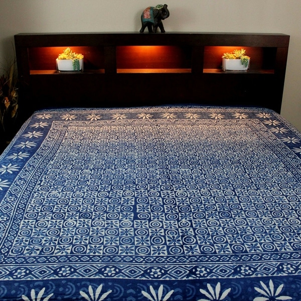 Cotton Hand Block Print Floral Tapestry Wall Hang Bedspread Queen Indigo Blue
