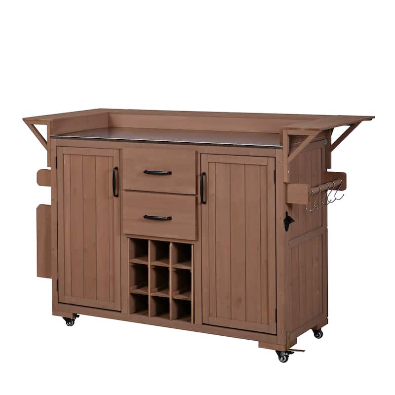 60" Rolling Outdoor Kitchen Island with Stainless Steel Top, Wood BBQ Prep Cart with Wine Rack & Drawers