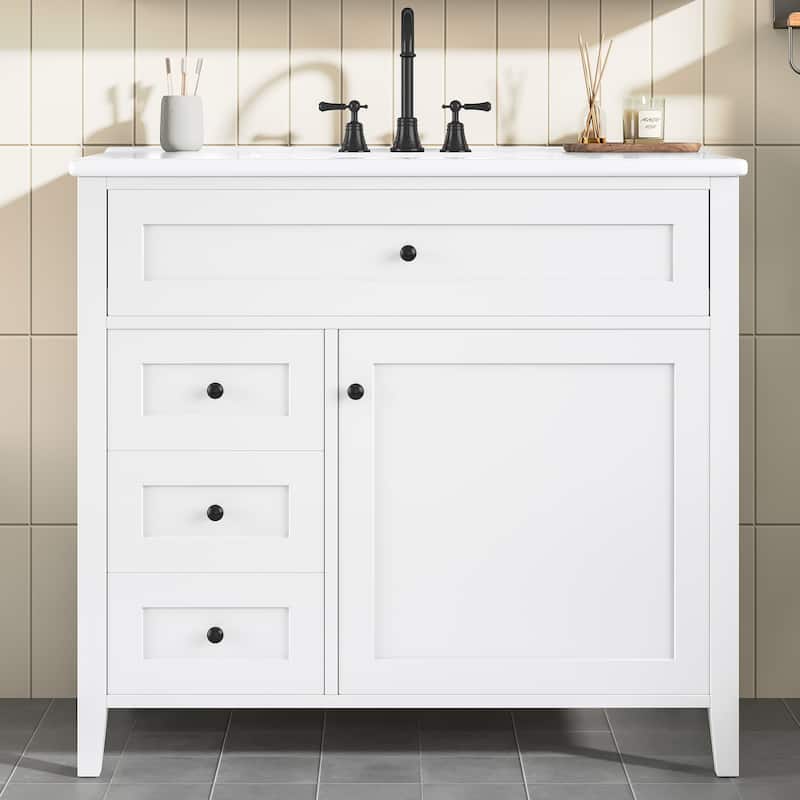 Roomfitters 36" Bathroom Vanity with Sink, Solid Wood Legs, 4 Drawers & Cabinet with Adjustable Shelf - White