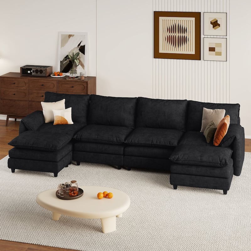 142 Inch Modular Velvet Sectional Sofa with Movable Ottoman Pillow Armrest and Deep Seats for Living Room Apartment or Office - Black