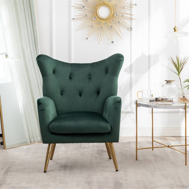 Velvet Wing Back Accent Chair with Button-Tufted and Metal Legs