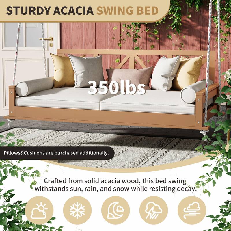 Twin Size Patio Swing Bed Modern Porch Swing Hanging Bed Frame with 16.4ft Hemp Ropes