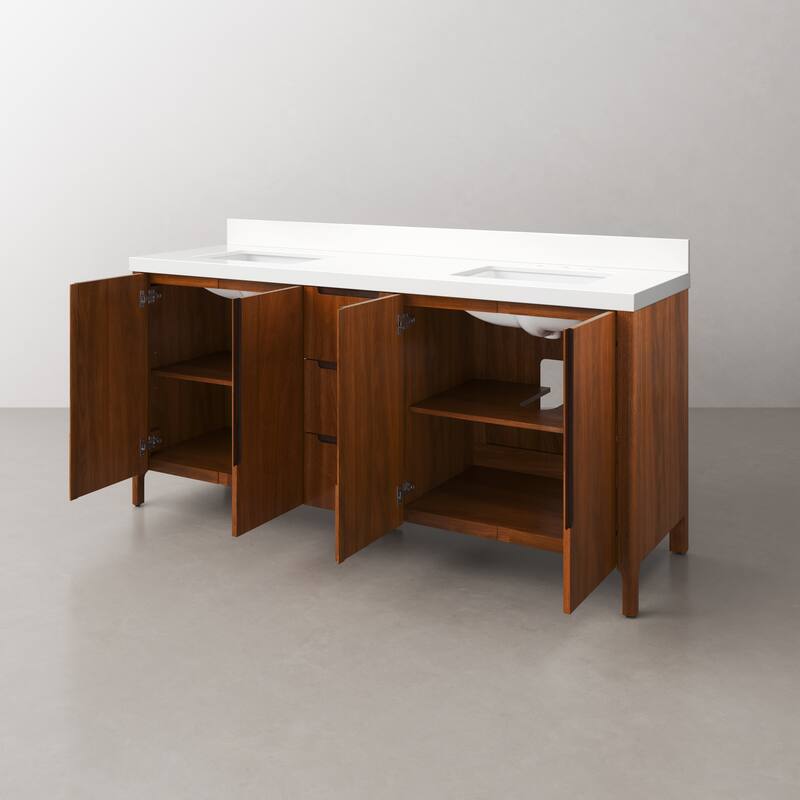 Sequoia 72 In. Double Sink Whitebrook Quartz Countertop Bath Vanity in Noir Juglans