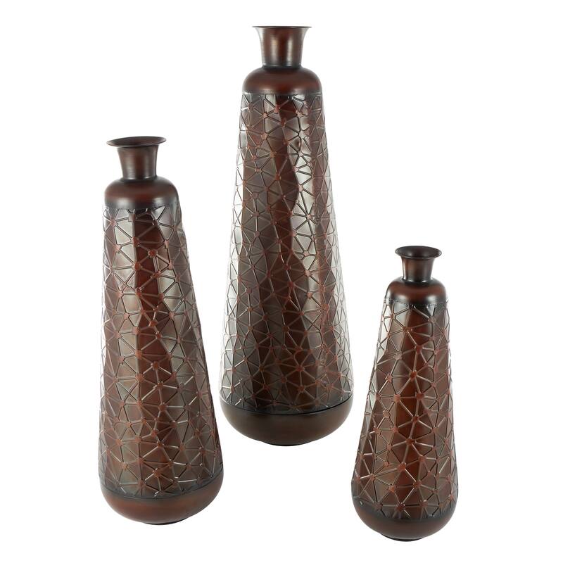 Dark Brown Metal Tall Vase with Geometric Designs (Set of 3)