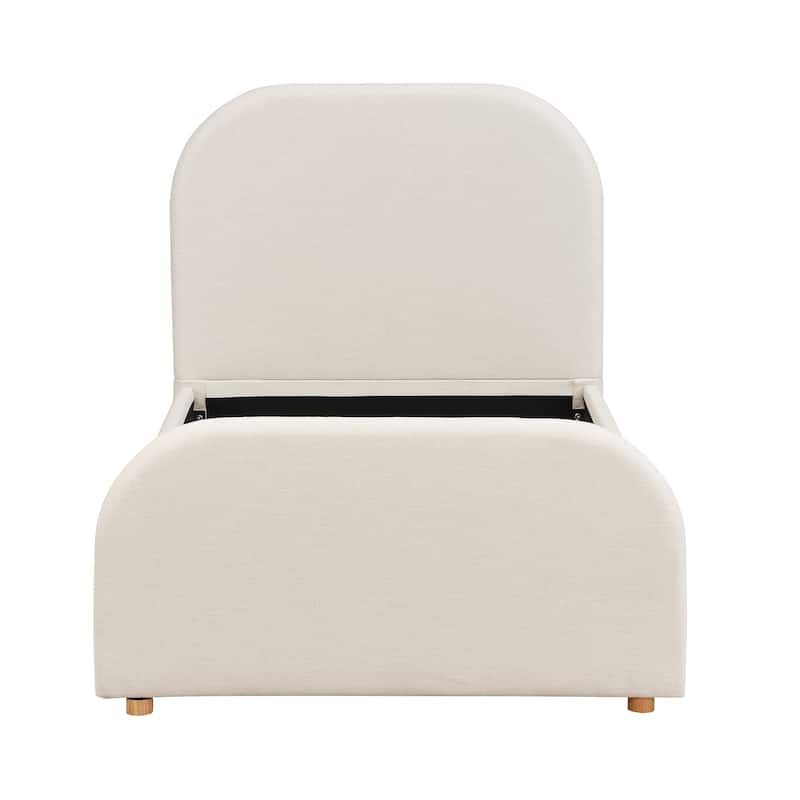 Beige Linen Upholstered Bed Curved Headboard Wingback Frame Low Profile Platform Bed