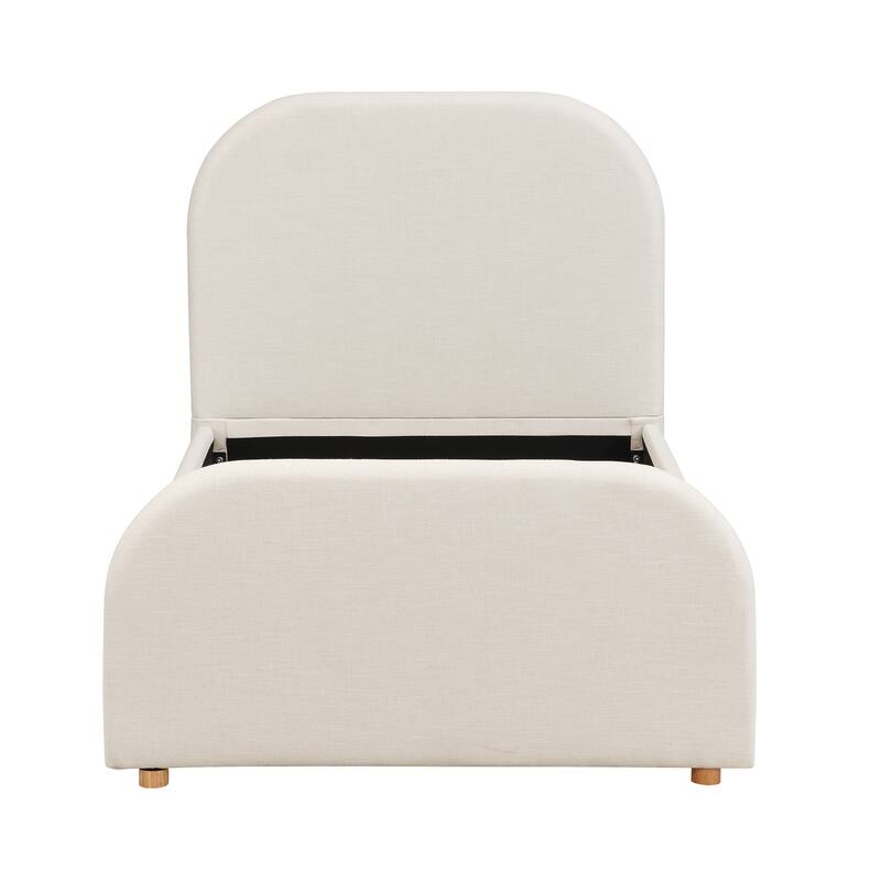 Twin Size Bed Frame with Linen Upholstered Headboard, Solid Wood Legs, Beige