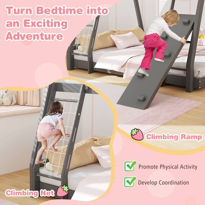 Costway Twin Over Queen Bunk Bed House Shaped Bed Frame with Climbing - See Details