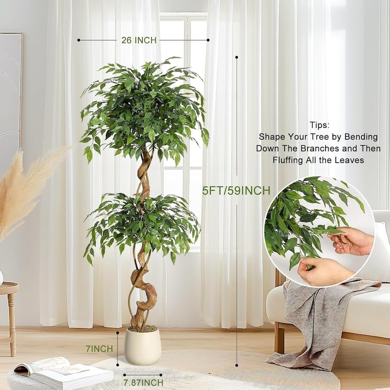Artificial Faux Silk Ficus Tree with Curved Trunks for Indoor Home Decor