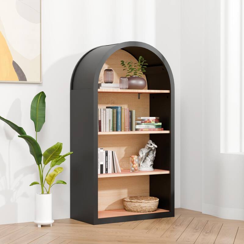 4-Tier Black Arched Bookshelf, 43" Tall Arched Bookcase with Storage Shelves