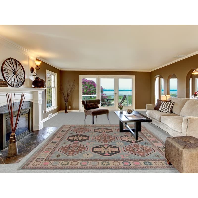 Hand Knotted Oriental 100% Wool Carpet Transitional Geometric Navy Blue & Blues Oushak Area Rug - 11' 1'' X 8' 5''