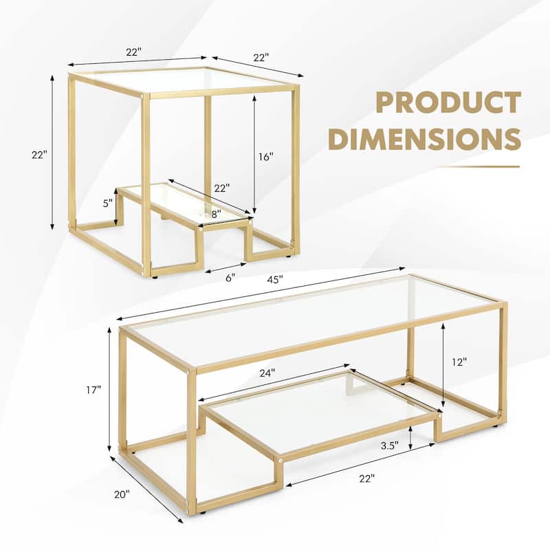 Costway Coffee Table Set of 3 Glass Modern Coffee Table & 2 Accent - See Details