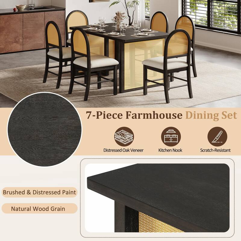 7-Piece Farmhouse Dining Table Set for 6 - 59.8" Rectangular Table with Distressed Oak Veneer & 6 Rattan Chairs