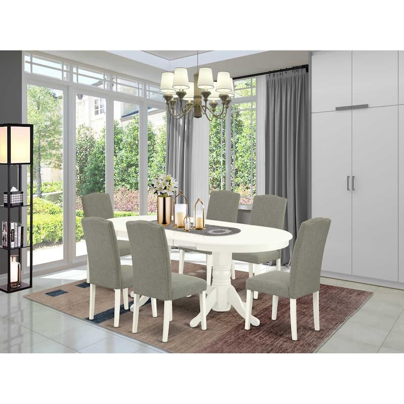 Medieval Dining Set 7Pc - Table & 6 Chairs - Linen White Legs - Butterfly Leaf - Dark Shitake Fabric