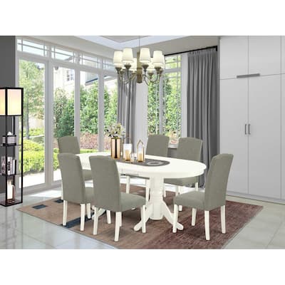 Medieval Dining Set 7Pc - Table & 6 Chairs - Linen White Legs - Butterfly Leaf - Dark Shitake Fabric