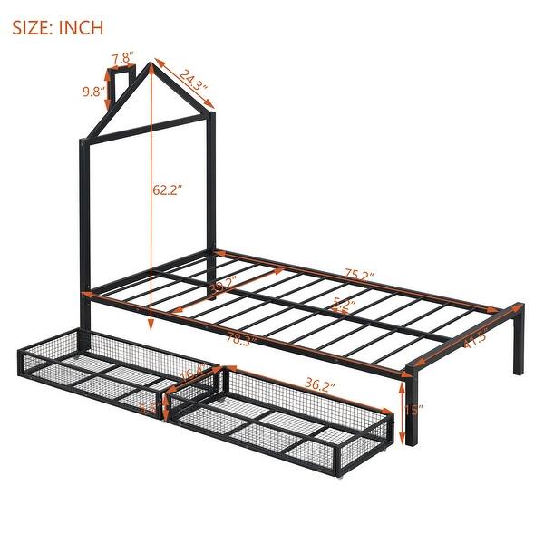 dimension image slide 4 of 6, Metal Platform Bed with two drawers, House-Shaped Headboard Design for Kids, Boys and Girls