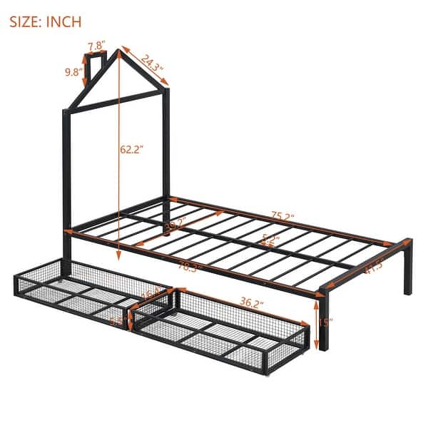 Twin Metal Platform Bed with Two Drawers, House-Shaped Headboard Design, Non-Noise Bedroom Low Bed Frame W/Support Slats, Black