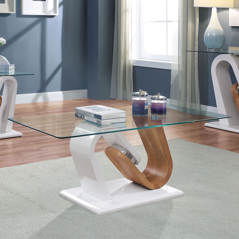 Tong Contemporary White and Natural 47-inch Glass Top 3-Piece Coffee Table Set by Furniture of America
