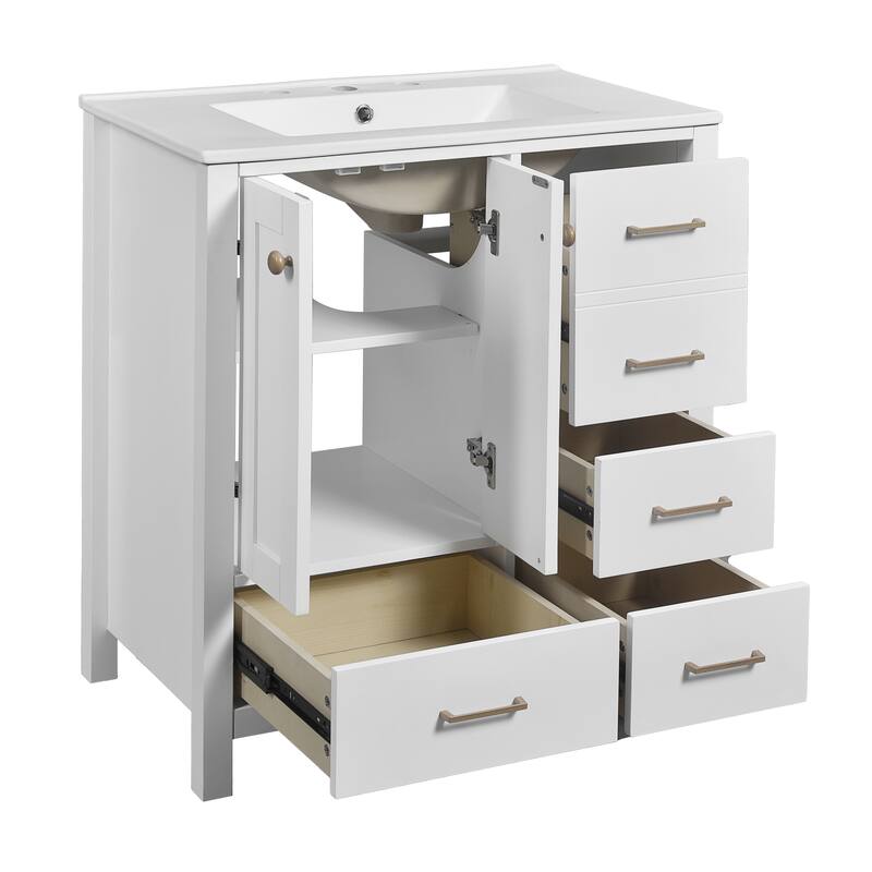 Freestanding Solid Wood Frame Storage Cabinet 30'' Bathroom Vanity with 4 Drawers, Soft Closing Doors and Gold Handles