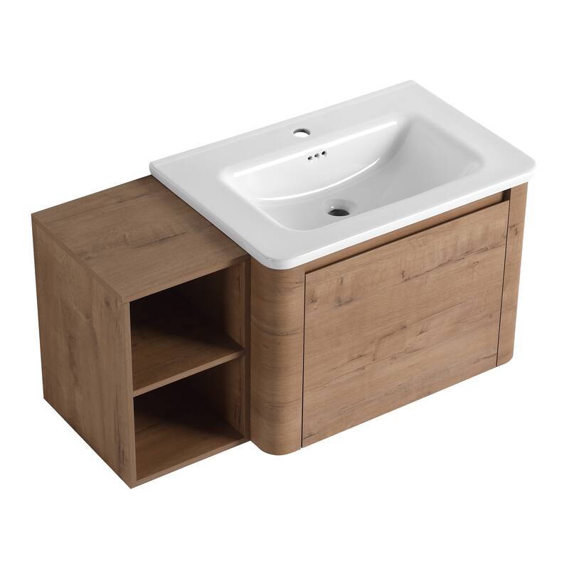 Wall-Mounted Bathroom Vanity with Ceramic Sink and Storage Shelves