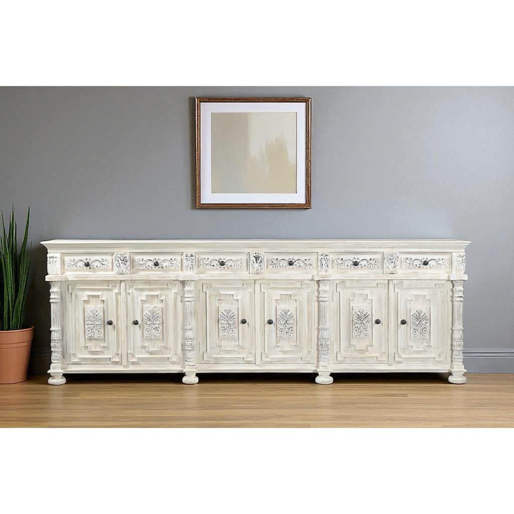 HomeRoots 118" White Distressed Solid Wood Carved Floral Six Drawer Sideboard with Six Doors